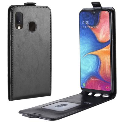 R64 textuur verticale Flip lederen case voor Galaxy A20e met kaartsleuven & fotolijstjes (zwart)