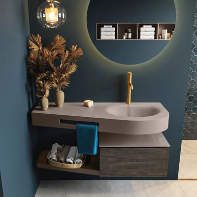 MONDIAZ RIVA 120cm badmeubel onderkast / planchet kleur Dark_Brown met 1 lade. Wastafel DULCET rechts 1 kraangat kleur Smoke. MONDIAZ RIVA 120cm badmeubel onderkast / planchet kleur Dark_Brown met 1 lade. Wastafel DULCET rechts 1 kraangat kleur Smoke.