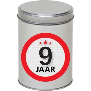 Zilver bewaarblik/opbergblik 13 cm met 9 jaar sticker