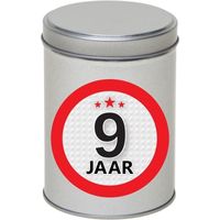 Zilver bewaarblik/opbergblik 13 cm met 9 jaar sticker