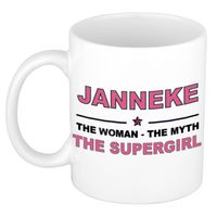 Naam cadeau mok/ beker Janneke The woman, The myth the supergirl 300 ml - Naam mokken