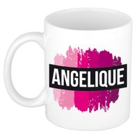 Naam cadeau mok / beker Angelique  met roze verfstrepen 300 ml   -