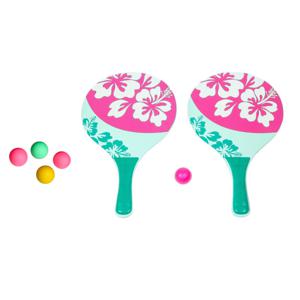 Strand Beachball set - hout - roze - strand sport speelset - met 5x balletjes