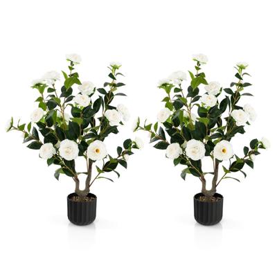 Twee 95 cm Kunstcamelia Kunstplant met Nepbloemen in een Cementpot Nepbloemenplant Winkeldecoratie Kantoordecoratie (2 , Wit）