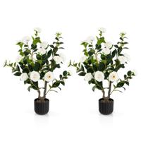 Twee 95 cm Kunstcamelia Kunstplant met Nepbloemen in een Cementpot Nepbloemenplant Winkeldecoratie Kantoordecoratie (2 , Wit）
