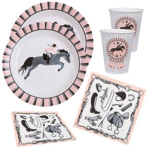 Paarden feest wegwerp servies set - 10x bordjes / 10x bekers / 20x servetten - grijs/roze - Feestpakketten