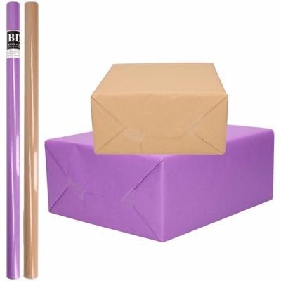 4x Rollen kraft inpakpapier/kaftpapier pakket bruin/paars 200 x 70 cm