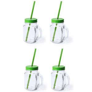 4x stuks Drink potjes van glas Mason Jar groene deksel 500 ml - Drinkbekers