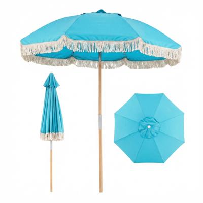 Tuinparasol voor Buiten met Franjes 180 cm Houten Strandparasol met 8 Stevige Baleinen Verstelbare Hellingshoek Automatische Opening-Blauw