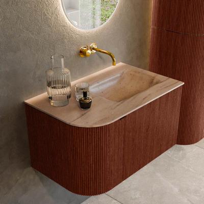 Badmeubel Mondiaz Kurve-Dlux | 75 cm | Meubelkleur Ruby | Wastafelkleur Saba | Solid surface | Wasbak rechter zijde spoelbak | Zonder kraangat(en)