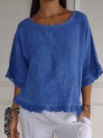 Women's Half Sleeve Shirt Summer Blue Plain Ruffle Cotton Crew Neck Dolman Sleeve Daily Simple Top - thumbnail