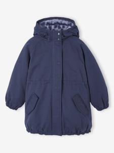 Meisjesparka met capuchon gevoerd met imitatiebont marineblauw