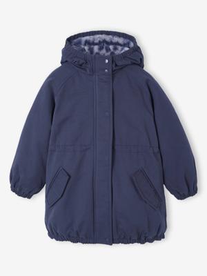 Meisjesparka met capuchon gevoerd met imitatiebont marineblauw