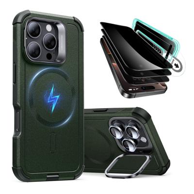 iPhone 16 Pro Cyber Tough Case with Stash Stand Privacy Protection Bundle - Dark Green