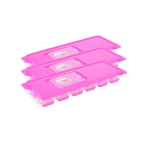 Set van 3x stuks trays met ijsklontjes/ijsblokjes vormpjes 12 vakjes kunststof roze met afsluitdekse