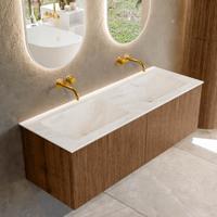 Mondiaz KURVE-DLUX 130 cm Onderkast Greeploos 2 Lades Zonder Deuren Walnut, Wastafel Solid Surface Dubbel Ostra 0 Kraangaten Zonder Spiegel (KRVLEA1302L0D0KD-Wal/Ost)