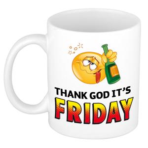 Thank god its friday kado mok / beker wit met Smile Emoticon - cadeau collega