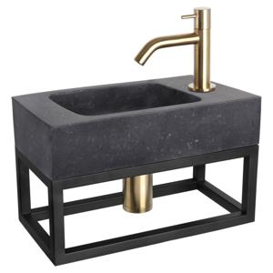 Differnz fonteinset bombai black - natuursteen - kraan gebogen - met handdoekrek - 40 x 22 x 9 cm - mat goud