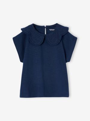 Meisjesshirt met geborduurde kraag marineblauw