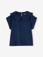Meisjesshirt met geborduurde kraag marineblauw