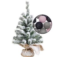 Mini kerstboom besneeuwd met verlichting - in jute zak - H45 cm - kleur mix grijs - Kunstkerstboom