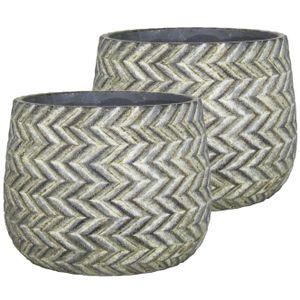 Set van 2x stuks bloempot/plantenpot schaal van keramiek zigzag zwart/groen kleur motief D19 cm en H