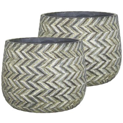 Set van 2x stuks bloempot/plantenpot schaal van keramiek zigzag zwart/groen kleur motief D19 cm en H