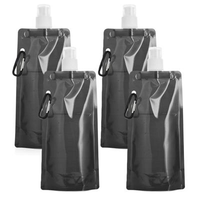 Opvouwbare Waterfles - 4x - zwart - kunststof - 460 ml - schroefdop - karabijnhaak - waterzak