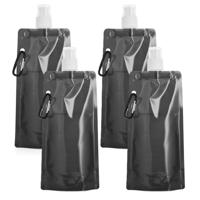Opvouwbare Waterfles - 4x - zwart - kunststof - 460 ml - schroefdop - karabijnhaak - waterzak