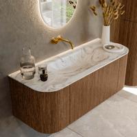 Mondiaz KURVE-DLUX 120 cm Onderkast Greeploos 1 Lade Met Deuren Walnut, Wastafel Solid Surface Midden Glace 0 Kraangaten Zonder Spiegel (KRVBGS120L+R1L2D0KM-Wal/Gla)
