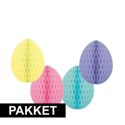 Hang decoratie Paaseieren - van papier - 4x stuks - 10 cm - Pasen thema versieringen - Honeycombs