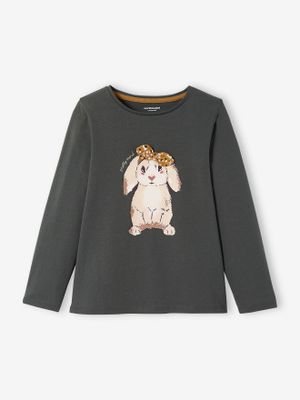 Shirt met konijnmotief en sierstrik voor meisjes donkergrijs