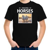 Witte paarden t-shirt met dieren foto amazing horses zwart voor kinderen XL (158-164)  -