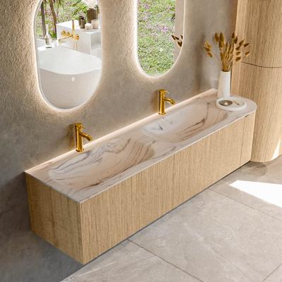 Badmeubel Mondiaz Kurve-Dlux | 175 cm | Meubelkleur Oak | Wastafelkleur Nata | Solid surface | Dubbel / Links spoelbak | 2 kraangaten