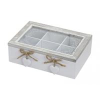 Theedoos - 6 vaks - grijs/wit - hartjes - 22 x 18 x 17 cm - MDF hout - theebox Theedoos - 6 vaks - grijs/wit - hartjes - 22 x 18 x 17 cm - MDF hout - theebox
