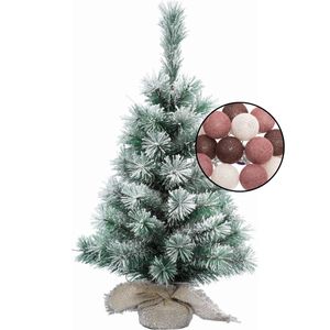 Mini kunst kerstboom besneeuwd -incl. lichtsnoer bollen mix rood - H60 cm