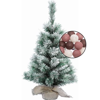 Mini kunst kerstboom besneeuwd -incl. lichtsnoer bollen mix rood - H60 cm