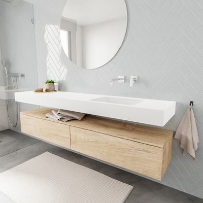 Mondiaz Alan badmeubel 200 cm washed oak 2 lades vrijhangend wastafel rechts zonder kraangat wit