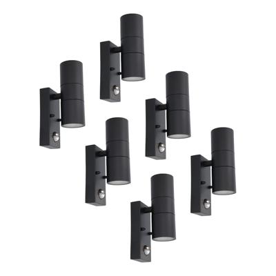 Set van 6 Blenda Wandlamp Zwart - 6000K daglicht Wit - 10 Watt 800 lumen - Bewegingssensor en Schemerschakelaar - IP44 Waterdicht - Up & Downlight voor buiten