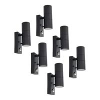 Set van 6 Blenda Wandlamp Zwart - 6000K daglicht Wit - 10 Watt 800 lumen - Bewegingssensor en Schemerschakelaar - IP44 Waterdicht - Up & Downlight voor buiten