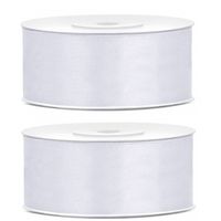 2x Witte satijnlinten op rol 2,5 cm x 25 meter cadeaulint verpakkingsmateriaal - thumbnail