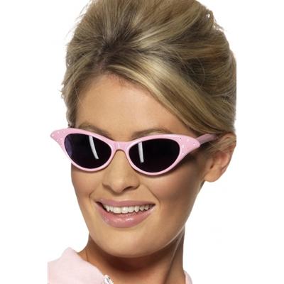 Verkleed zonnebril Fifties thema - roze met diamantjes - Dames - Grease - Pink Ladies