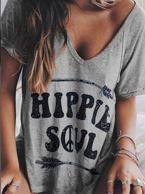 Gray Short Sleeve Cotton-Blend V Neck Printed T-shirt