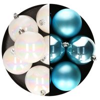 Kerstballen - 12x st - 8 cm - parelmoer wit en blauw - kunststof - thumbnail