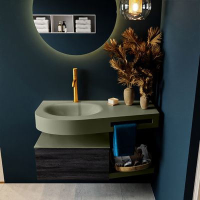 MONDIAZ RIVA 100cm badmeubel onderkast / planchet kleur Antracite met 1 lade. Wastafel DULCET links 1 kraangat kleur Army. MONDIAZ RIVA 100cm badmeubel onderkast / planchet kleur Antracite met 1 lade. Wastafel DULCET links 1 kraangat kleur Army.