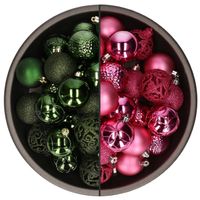 74x stuks kunststof kerstballen mix van fuchsia roze en donkergroen 6 cm - Kerstbal - thumbnail