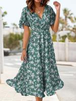 Women's Short Sleeve Summer Green Sundress Small Floral V Neck Daily Vacation Midi Dress - thumbnail