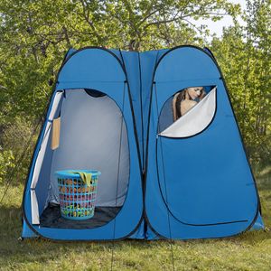 230 x 122 x 193 cm Douchetent voor 2 Personen Omkleedtent Dubbele Kamer Inclusief Venster en Binnenzak Toilettent Blauw