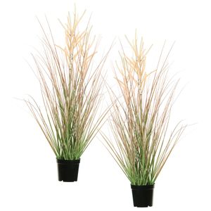 Louis Maes Quality kunstplant - 2x stuks - Siergras met pluim - groen/bruin - H75 cm - in pot