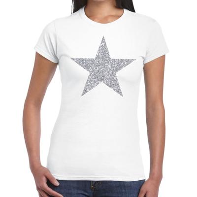 Glitter and glamour ster T-shirt - zilver glitters - wit - dames - Verkleedkleding - Feestkleding